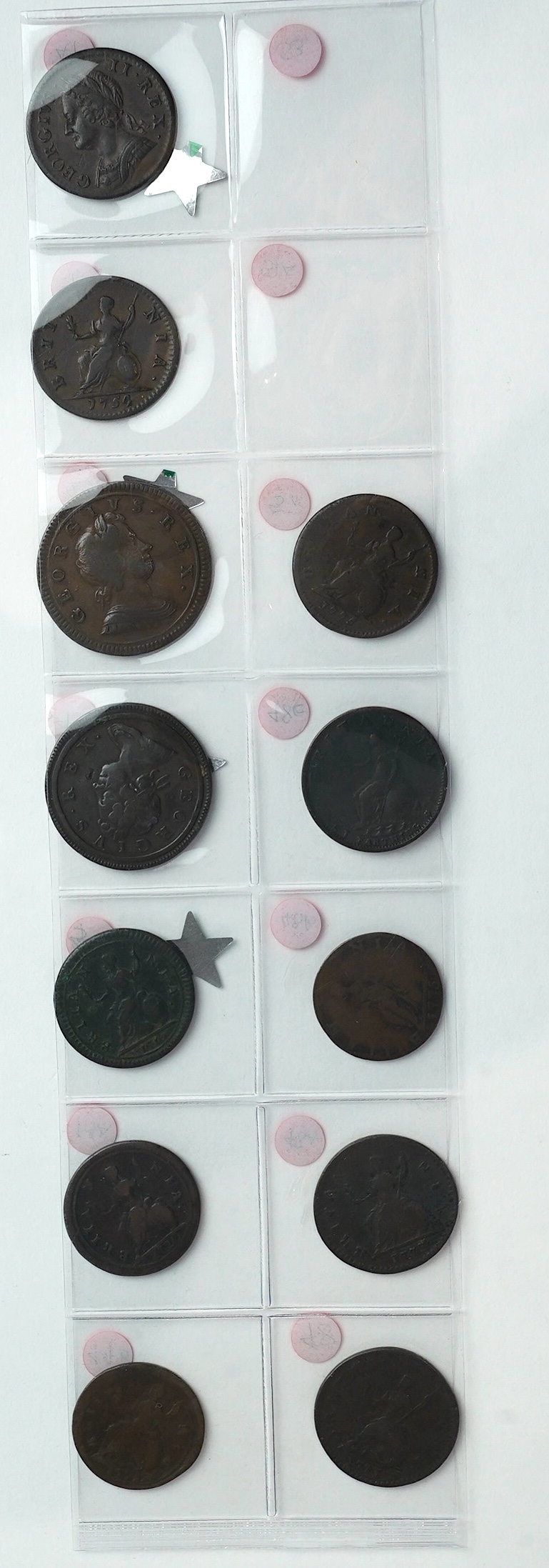 British farthings and halfpennies, Georgian period; two George I halfpenny coins, 1717, graffiti initials each side of portrait bust otherwise fine and 1723, about fine, three George I farthings, including 1719, fine, tw